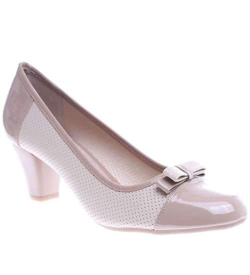 Ażurowe beżowe czółenka na niskim obcasie /D3-3 13649 T203/ Ażurowe beżowe czółenka na niskim obcasie /D3-3 13649 T203/