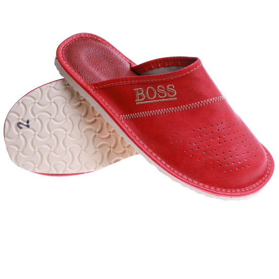 Kryte skórzane męskie klapki domowe BOSS Czerwone /G7-1 17322 S199/