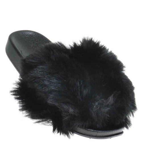 Klapki z futerkiem dziewczęce Czarne /D8-1 10096 S291/