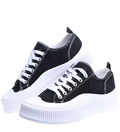 Sznurowane czarne trampki damskie na platformie /B7-1 15678 T182/