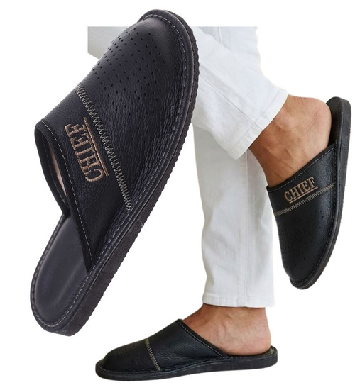 Skórzane kryte klapki domowe Chief czarne /G5-1 18684 S290/