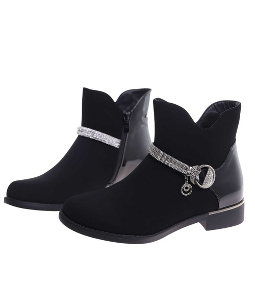 Czarne botki damskie ocieplane z ozdobą /F2-2 18417 W4/