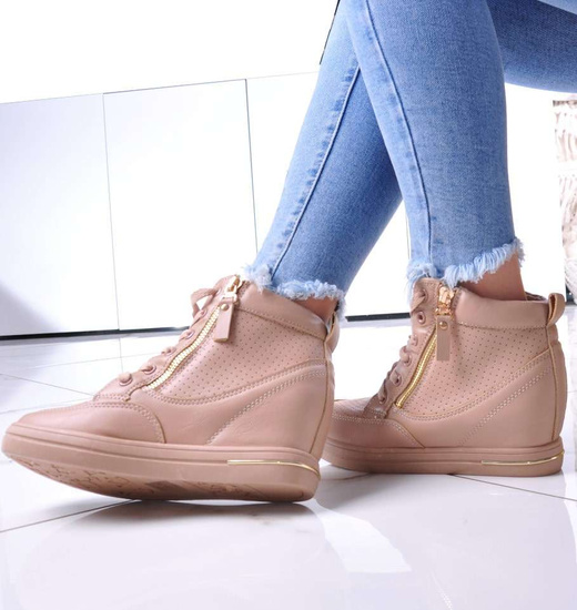 Beżowe sneakersy damskie na koturnie /B3-2 12826 T796/