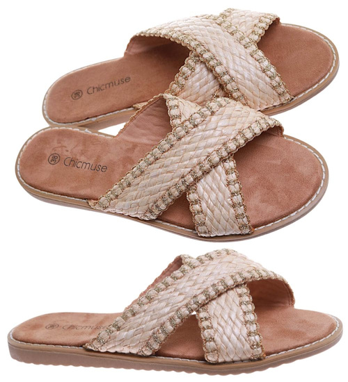 Beżowe klapki na płaskim obcasie /F7-1 17536 G186/