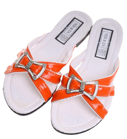 Pomarańczowo białe klapki na płaskim obcasie /H2 14340 T005/