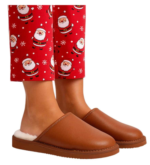 Skórzane brązowe kapcie damskie z wełną /C6-1 12796 S196/