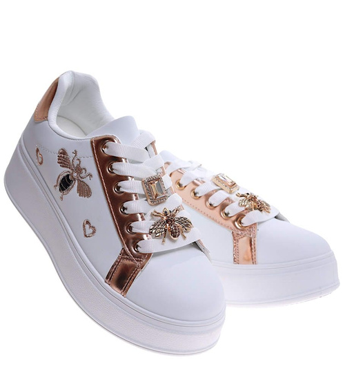 Białe sznurowane damskie trampki na platformie /B6-2 16909 T537/