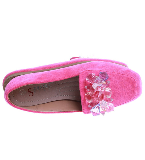 Stylowe balerinki lordsy z kamieniami Fuksja /A5-2 14083 T488/