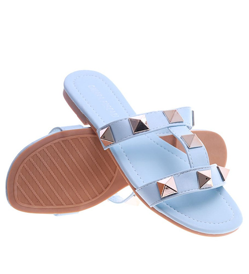 Niebieskie płaskie klapki damskie z piramidkami /C6-2 13556 T191/