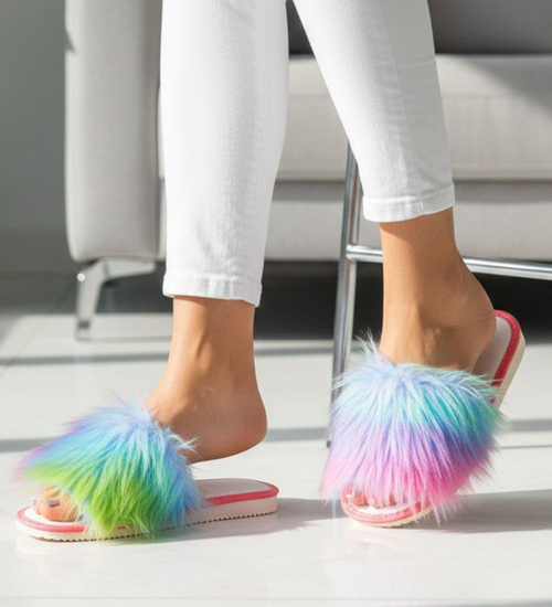 Tęczowe klapki damskie z futerkiem /A3-1 16396 S291/