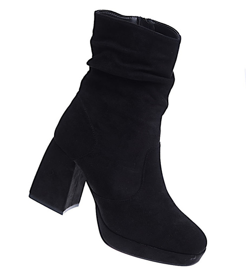 Czarne damskie botki na szerokim słupku /F1-3 15419 T349/