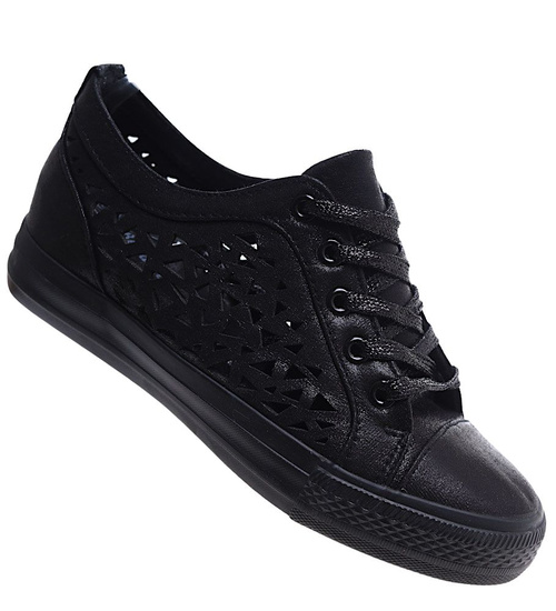 Czarne ażurowe trampki na koturnie /E3-1 17201 G6/