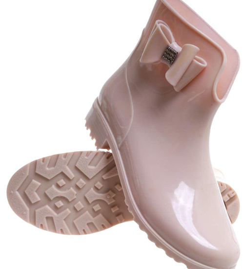 Beżowe krótkie kalosze damskie z kokardą ost399