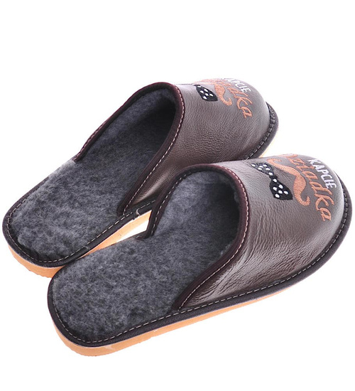 Kapcie Dziadka- skórzane klapki na prezent Ciemny Brąz /E1-1 13086 S18-45/