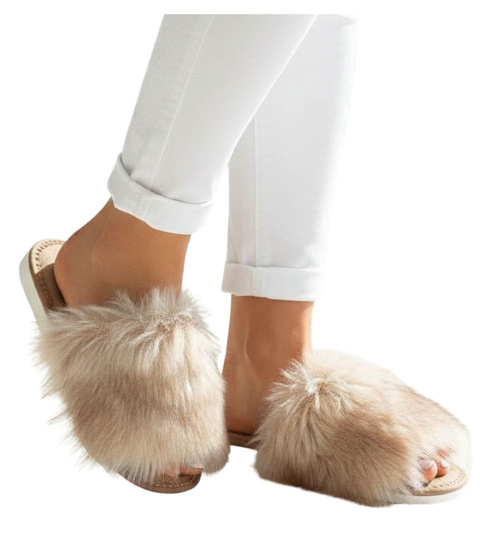 Beżowe damskie klapki z kudłatym futerkiem Premium /G8-1 11405 S292/