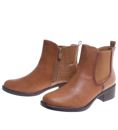 Karmelowe botki sztyblety na płaskim obcasie /K3-2 18508 W233/