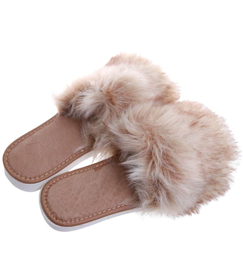 Beżowe damskie klapki z kudłatym futerkiem Premium /G8-1 11405 S292/