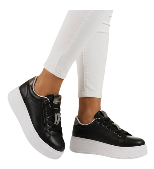 Czarne sznurowane damskie trampki na platformie /F6-2 16234 G360/