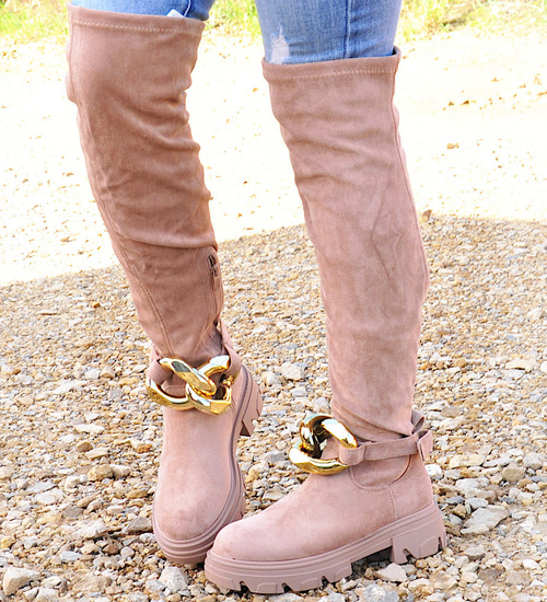 Wysokie zamszowe kozaki z łańcuchem Khaki /A5-1 12724 T707/