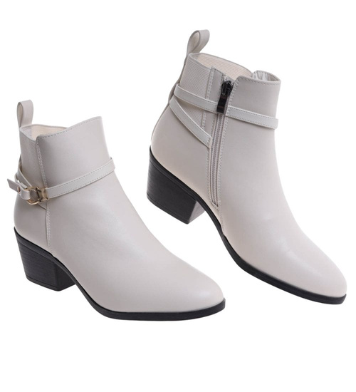 Botki na grubym obcasie Ecru /A9-3 18536 G285/