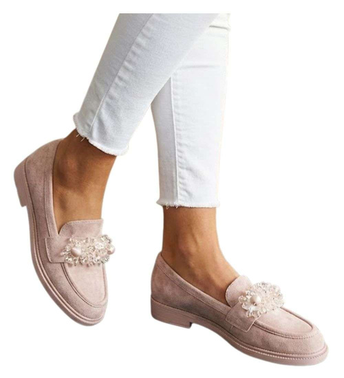 Beżowe loafersy damskie z błyszczącymi kamieniami /E8-3 14618 T6/