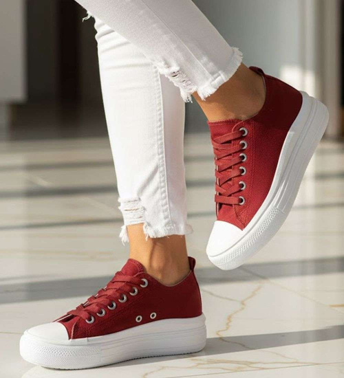 Bordowe materiałowe trampki na platformie /G12-2 14369 S294/