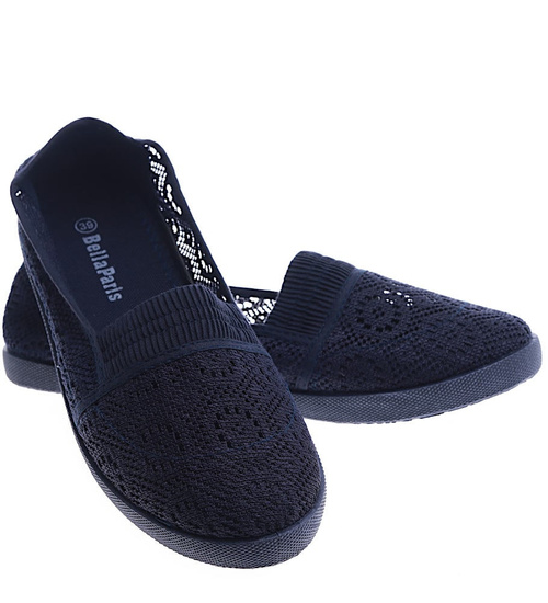 Przewiewne damskie tenisówki slip on z koronki Granatowe /C1-2 14053 S151/