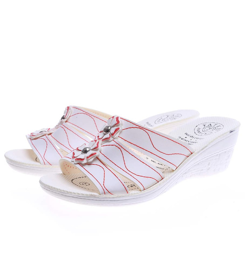 Białe klapki na koturnie z czerwonymi przeszyciami /H2 14303 T005/