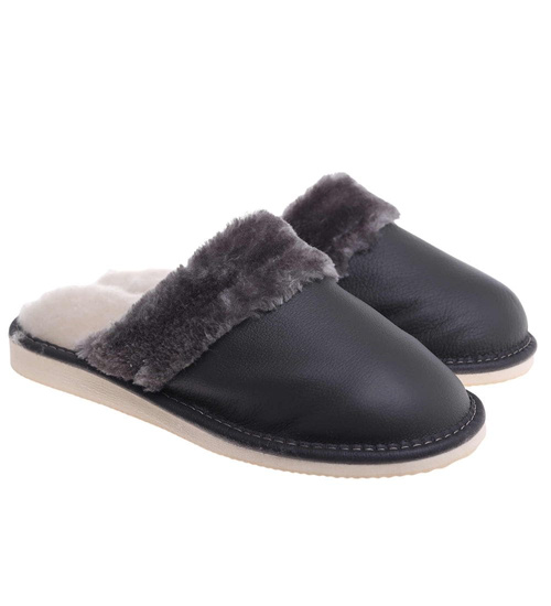 Skórzane szare kapcie damskie z wełną /G4-1 18466 S196/