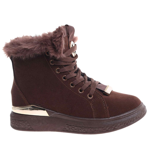 Czekoladowe zimowe trampki z kożuszkiem  /G11-3 18496 T7/