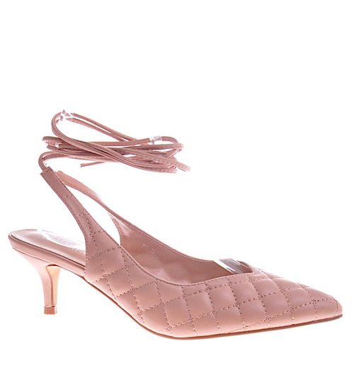 Pikowane beżowe buty wiązane na szpilce /G7-3 12205 T390/