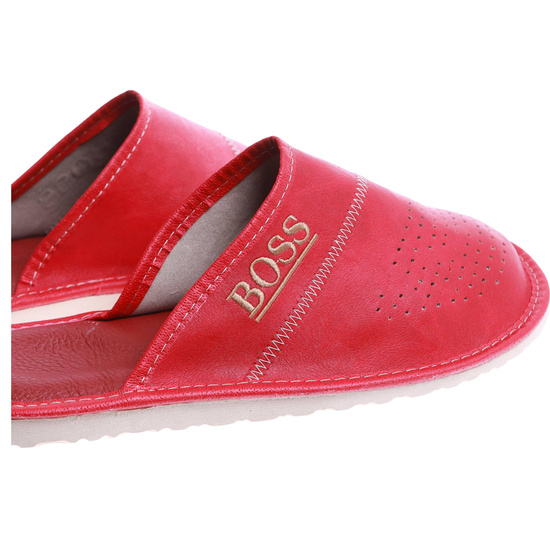 Kryte skórzane męskie klapki domowe BOSS Czerwone /G7-1 17322 S199/
