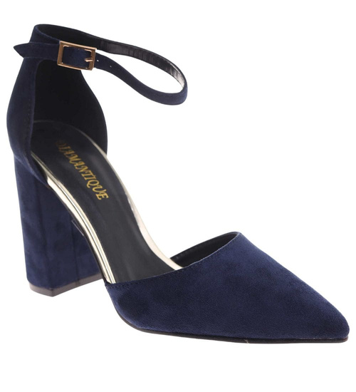 Granatowe czółenka damskie z paskiem /B5-3 17945 W152/