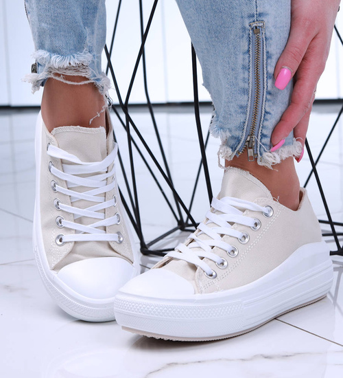 Beżowe wiązane damskie trampki na platformie /A1-3 15904 G158/