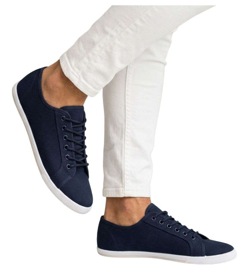 Sznurowane granatowe trampki męskie z tkaniny /D3-3 18720 T280/