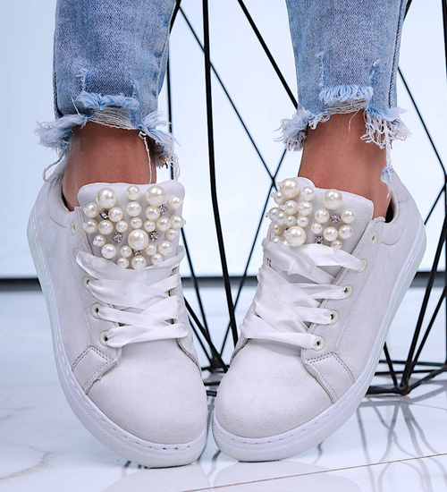Sznurowane szare trampki damskie z perełkami /F6-3 15952 T185/