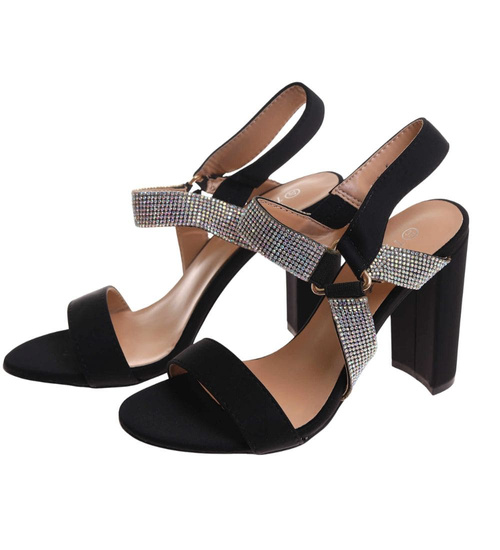 Czarne damskie sandały na słupku z cyrkoniami /B2-1 16084 G18-45/