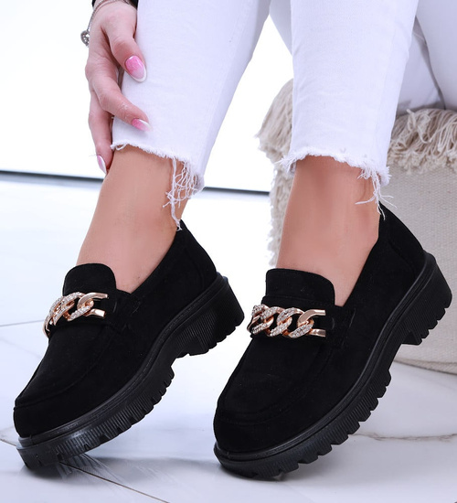 Czarne półbuty loafersy na niskiej platfomie /C7-2 14873 T485/