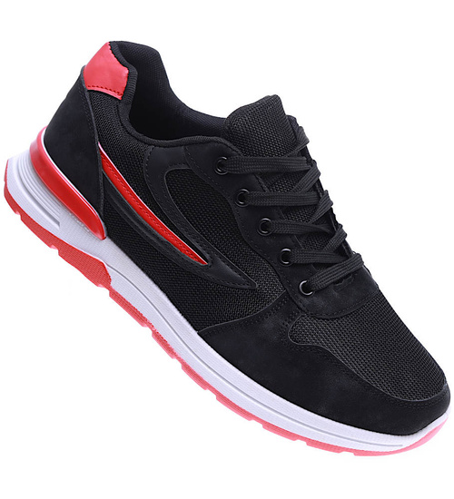Sznurowane męskie buty sportowe Czarno czerwone /D7-3 15744 T382/