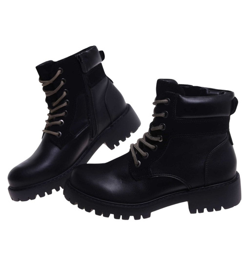 Sznurowane ocieplane botki trapery Czarne /A6-2 18278 W432/