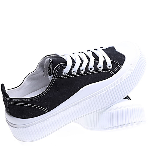 Sznurowane czarne trampki damskie na platformie /B7-1 15678 T182/