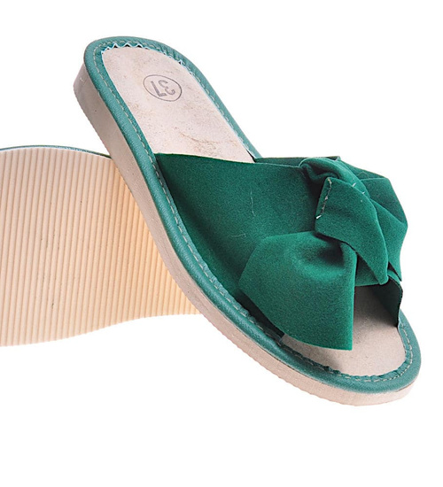 Skórzane domowe klapki z kokardą Zielone /B6-1 10859 S194/