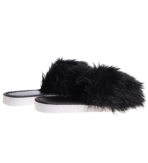 Klapki z futerkiem na grubym spodzie Czarne /E1-1 6925 S197/