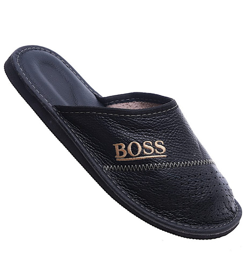 Skórzane kryte klapki domowe Czarne /E9-1 14299 S290/