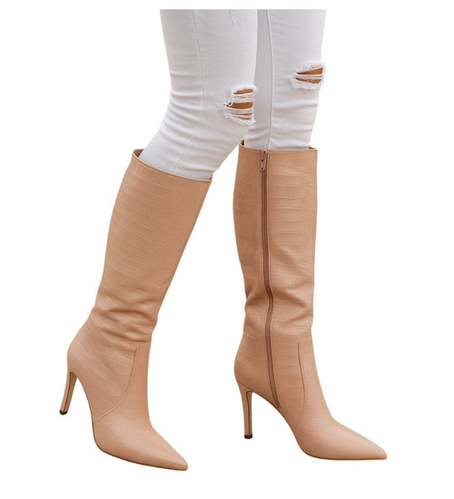 Beżowe kozaki damskie na szpilce /H2 16933 T282/