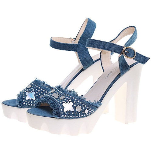 Niebieskie sandały damskie na obcasie i platformie /B7-3 16230 T230/