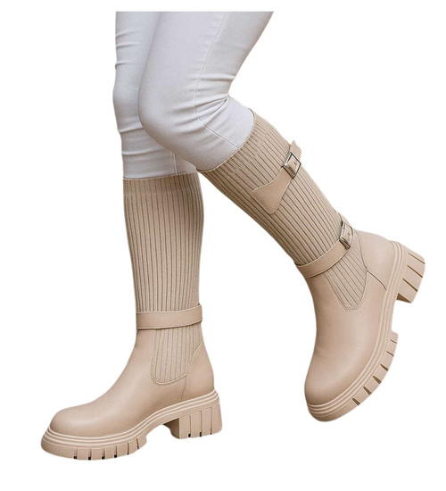 Niskie beżowe kozaki damskie na platformie z elastyczną cholewką /E1-1 16819 G388 +H2/