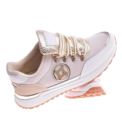 Sznurowane damskie buty sportowe Beżowe /D7-3 12348 T697/