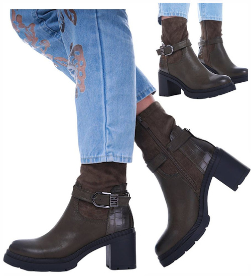 Oliwkowe botki damskie na słupku z ociepleniem /F6-1 17044 G324/