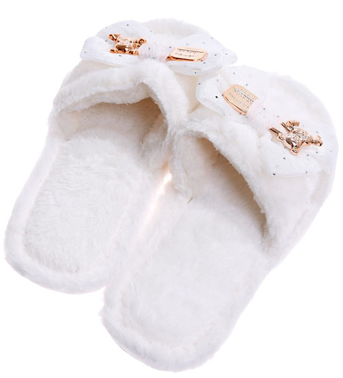 Pluszowe białe kapcie damskie z kokardą otwarte /B3-1 16967 T281/